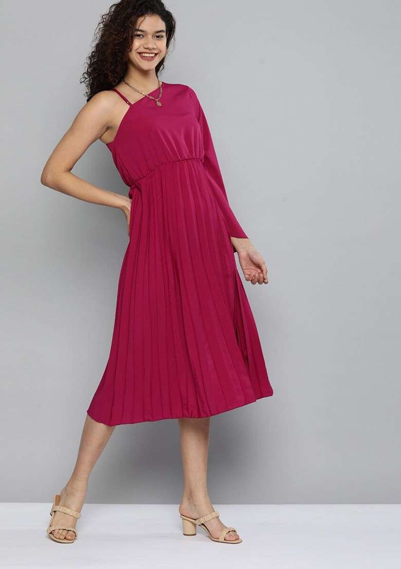 Magenta One Shoulder Crepe Solid Midi Dress - Indya