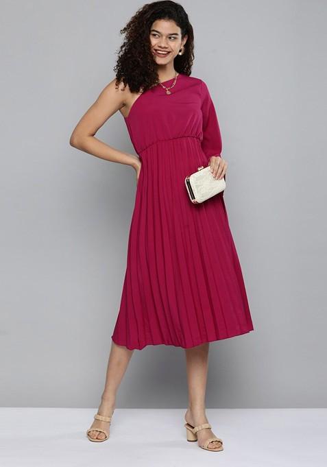 Magenta One Shoulder Crepe Solid Midi Dress