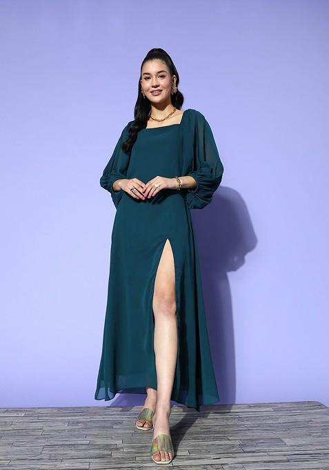 Green Solid Georgette Slit A Line Maxi Dress