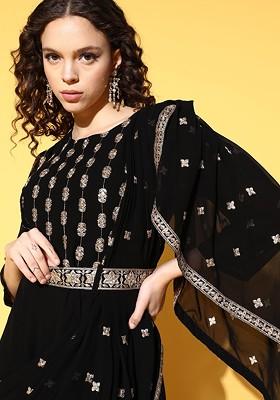 Black Ethnic Motifs Embroidered Georgette Maxi Dress