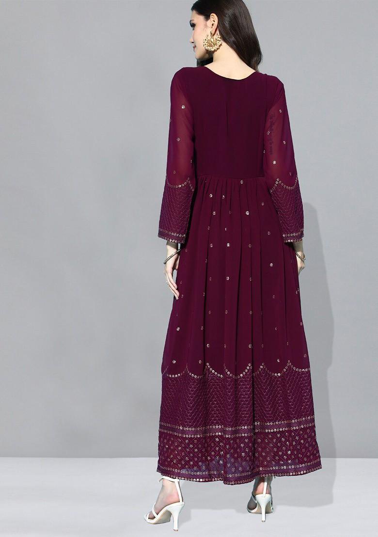 Maroon Ethnic Motifs Sequin Embroidered A Line Maxi Dress