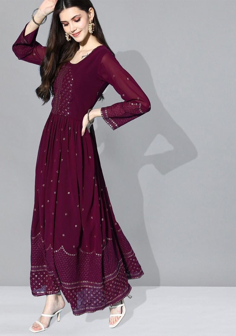 Maroon Ethnic Motifs Sequin Embroidered A Line Maxi Dress