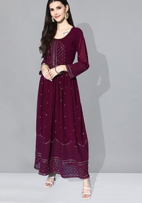 Maroon Ethnic Motifs Sequin Embroidered A Line Maxi Dress