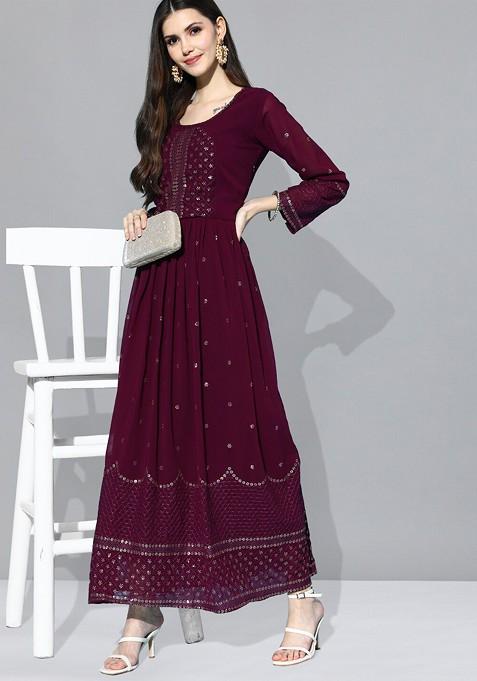 Maroon Ethnic Motifs Sequin Embroidered A Line Maxi Dress