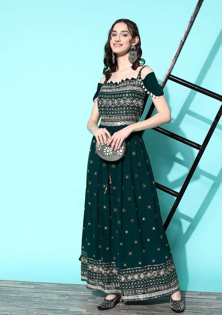 Green Floral Embroidered Georgette Maxi Dress - Indya