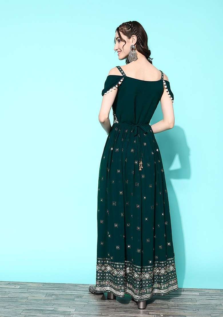 Green Floral Embroidered Georgette Maxi Dress - Indya