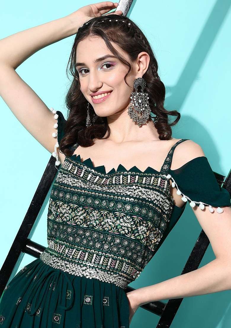 Green Floral Embroidered Georgette Maxi Dress - Indya