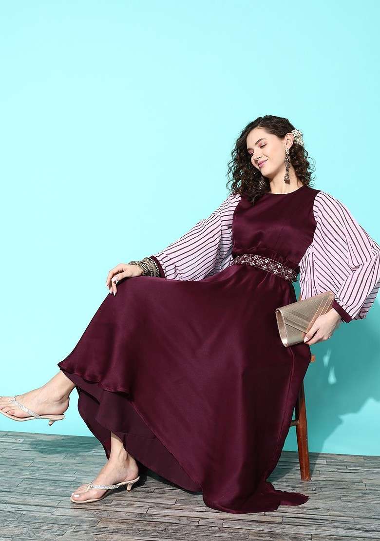 Purple Striped Satin Gown - Indya