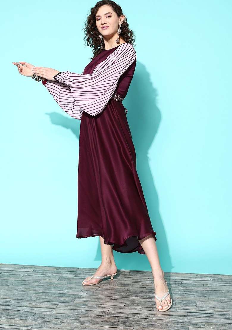 Purple Striped Satin Gown - Indya