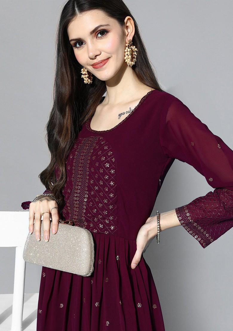 Maroon Embroidered Georgette Maxi A Line Ethnic Dress