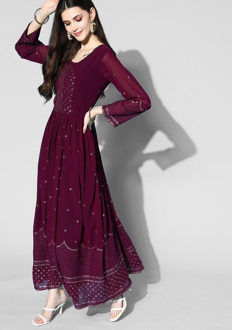 Maroon Embroidered Georgette Maxi A Line Ethnic Dress