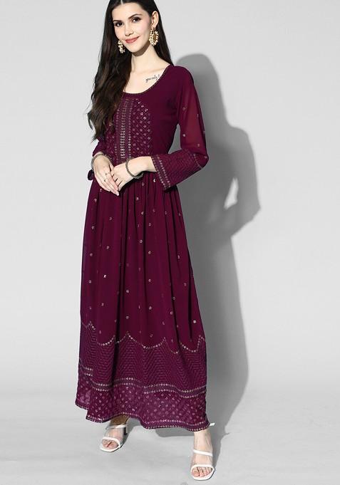 Maroon Embroidered Georgette Maxi A Line Ethnic Dress