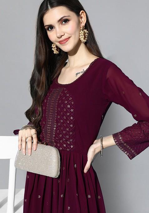 Maroon Embroidered Georgette Maxi A Line Ethnic Dress