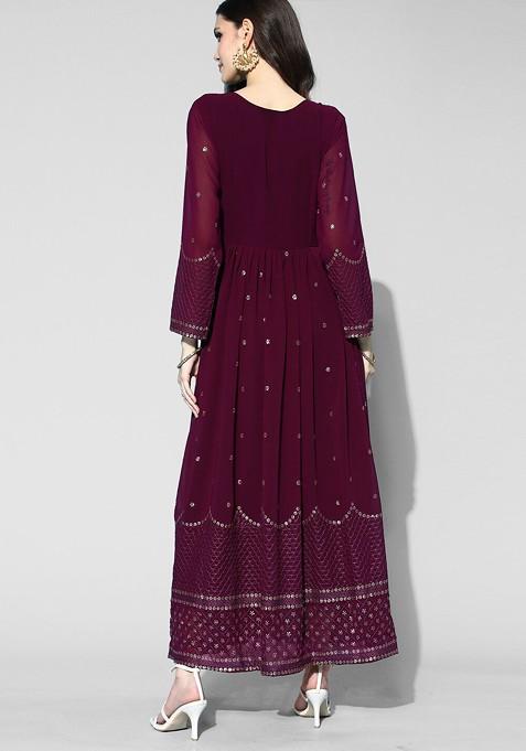 Maroon Embroidered Georgette Maxi A Line Ethnic Dress