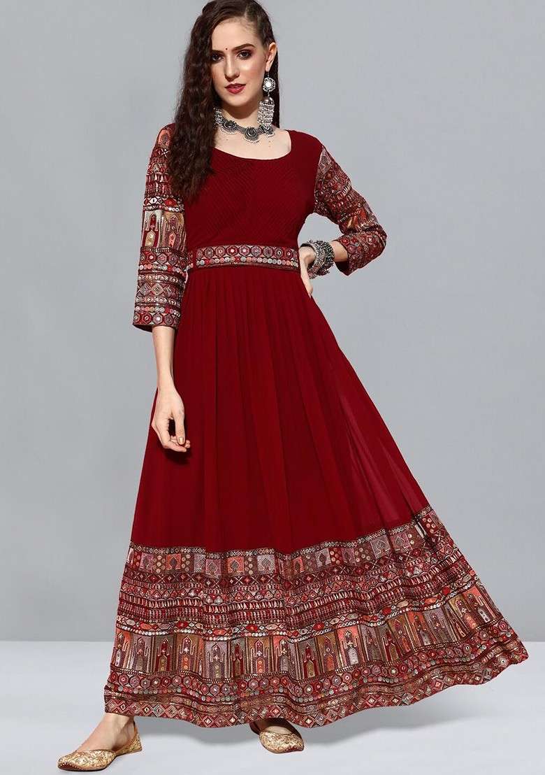 Maroon And Off White Ethnic Motifs Embroidered Georgette Dress - Indya