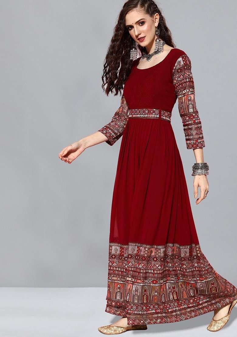 Maroon And Off White Ethnic Motifs Embroidered Georgette Dress - Indya