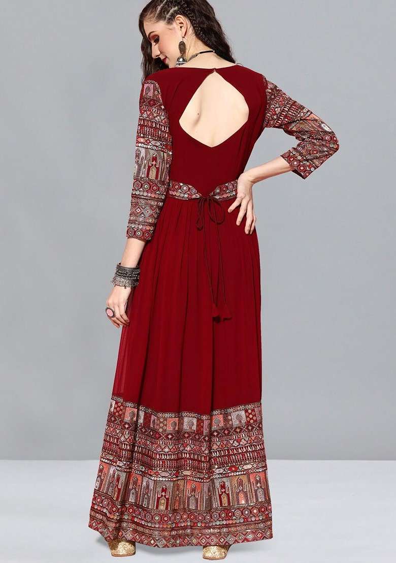 Maroon And Off White Ethnic Motifs Embroidered Georgette Dress - Indya