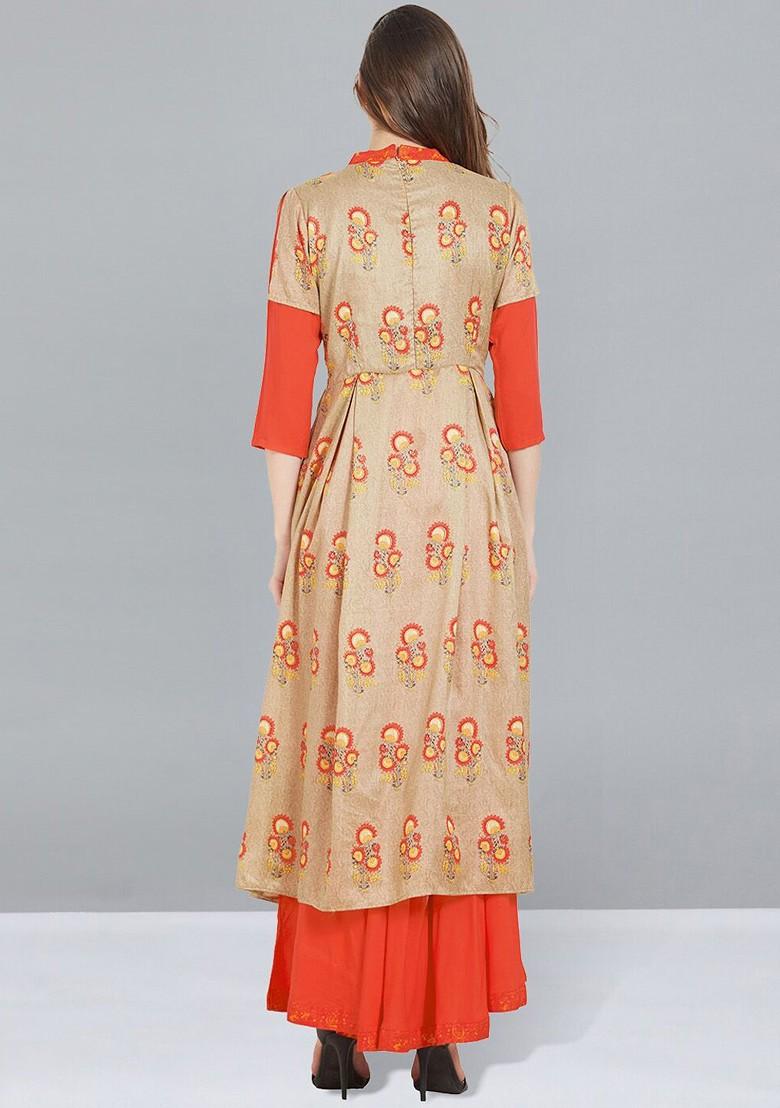 Beige And Orange Ethnic Motifs Printed Layered Maxi Dress