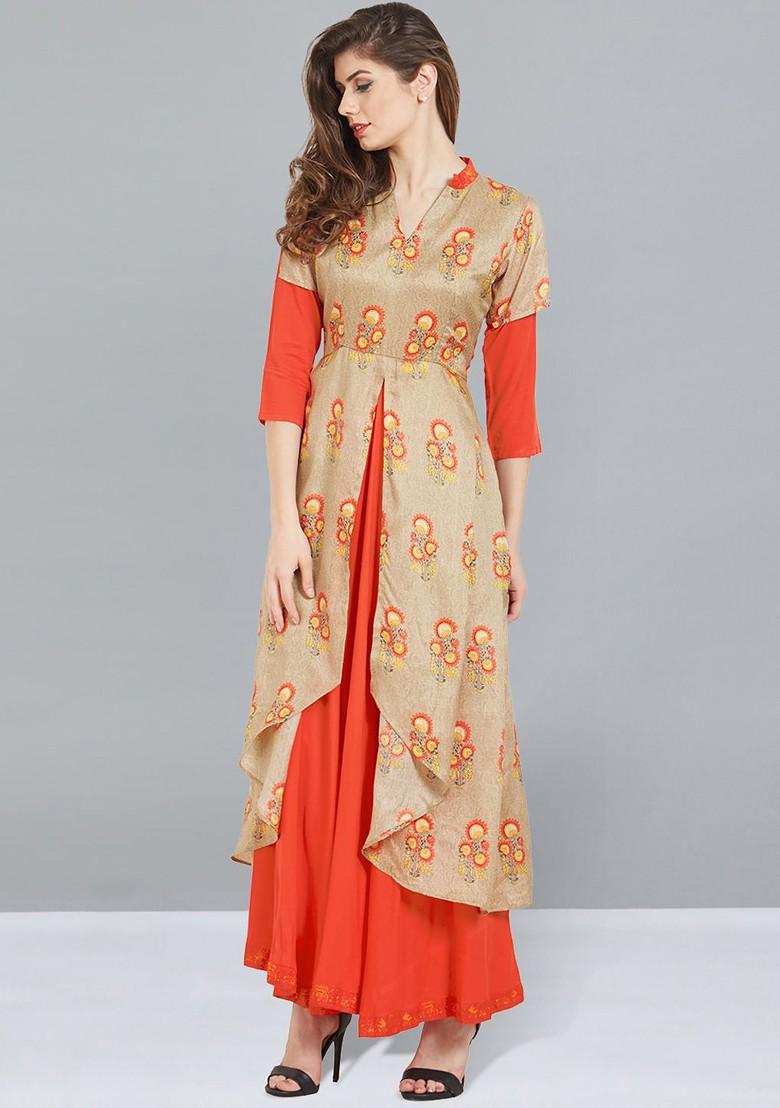 Beige And Orange Ethnic Motifs Printed Layered Maxi Dress