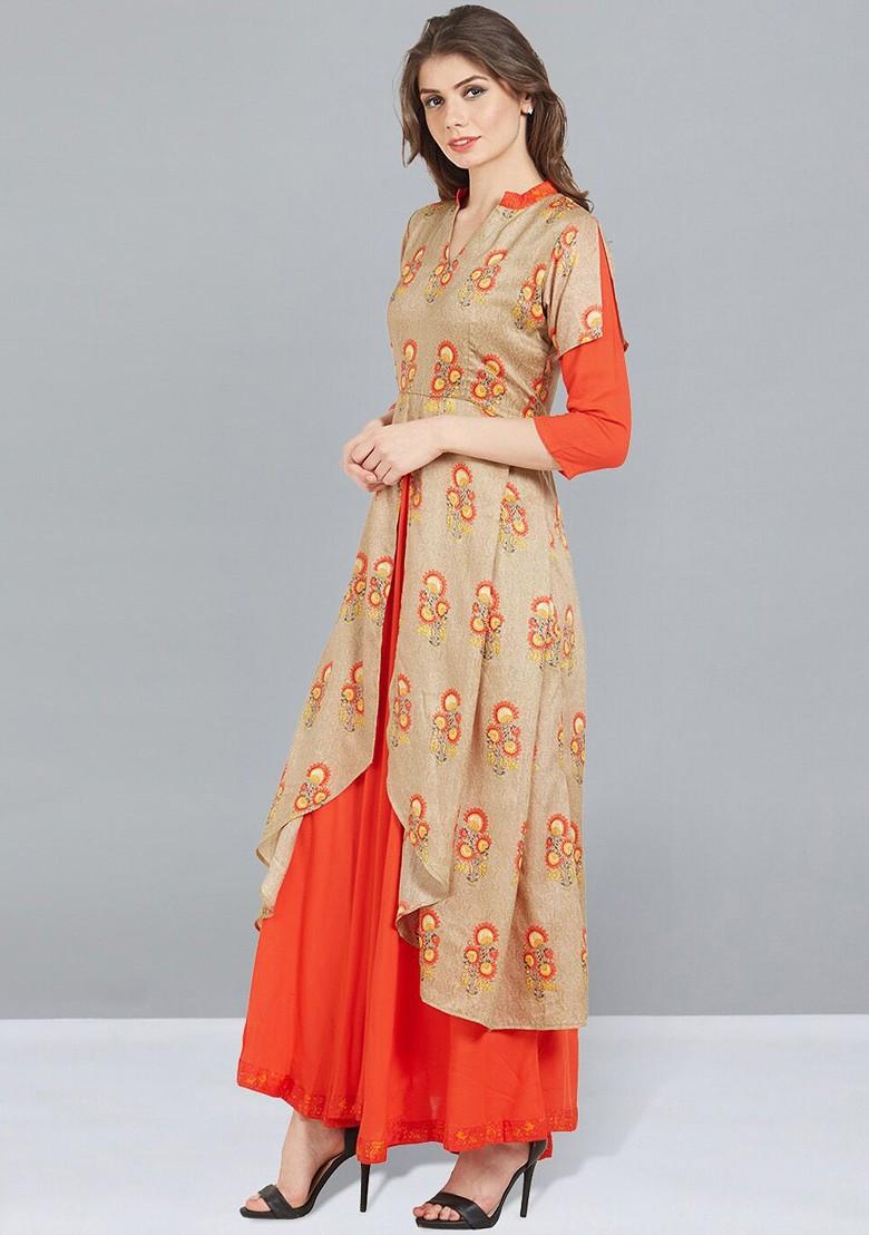 Beige And Orange Ethnic Motifs Printed Layered Maxi Dress