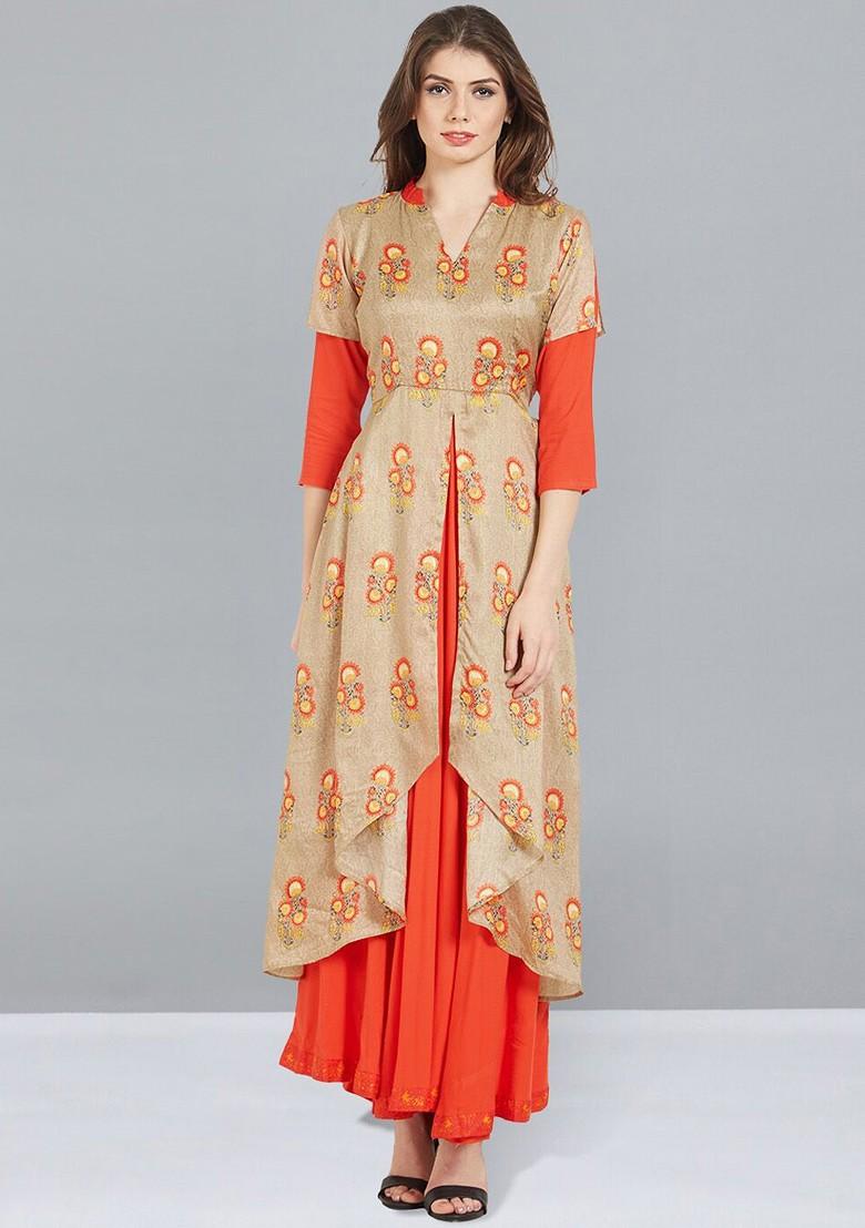 Beige And Orange Ethnic Motifs Printed Layered Maxi Dress