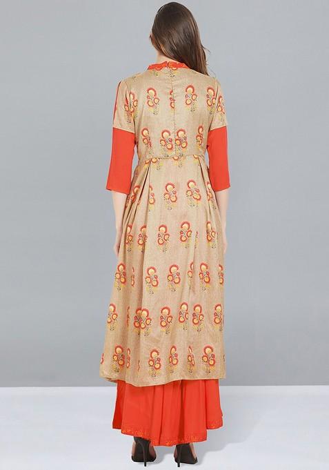 Beige And Orange Ethnic Motifs Printed Layered Maxi Dress