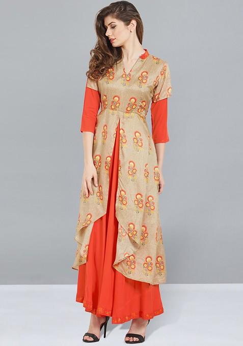 Beige And Orange Ethnic Motifs Printed Layered Maxi Dress