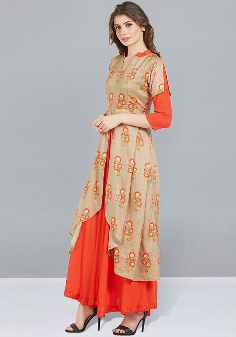 Beige And Orange Ethnic Motifs Printed Layered Maxi Dress