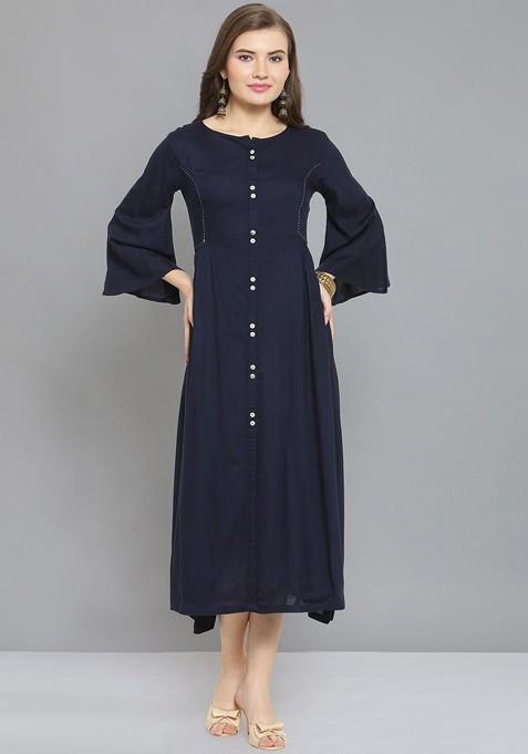 Navy Blue Flared Sleeves Asymmetric A Line Ethnic Dress