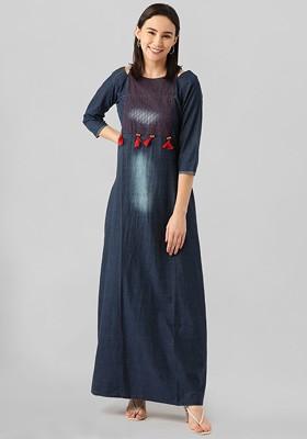 Blue Embroidered A Line Denim Dress