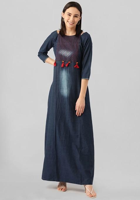 Blue Embroidered A Line Denim Dress
