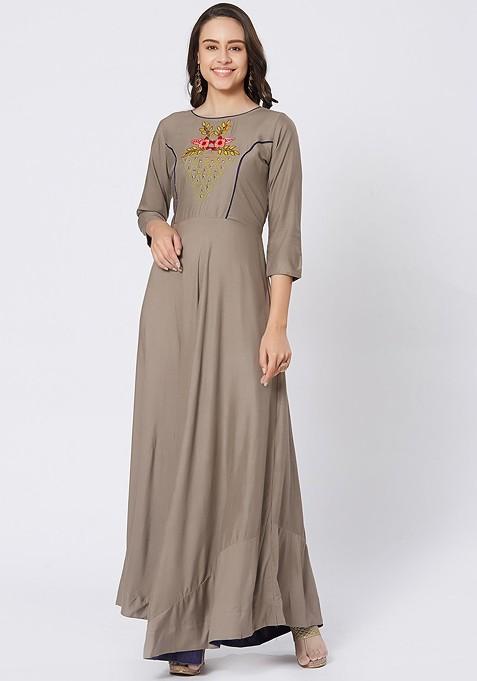 Grey Floral Embroidered High Low A Line Dress