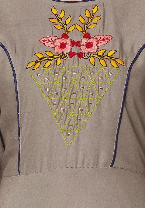 Grey Floral Embroidered High Low A Line Dress