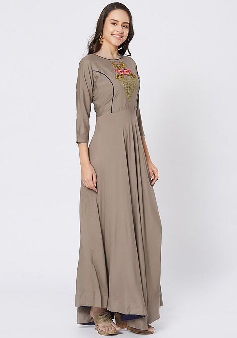 Grey Floral Embroidered High Low A Line Dress