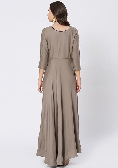 Grey Floral Embroidered High Low A Line Dress