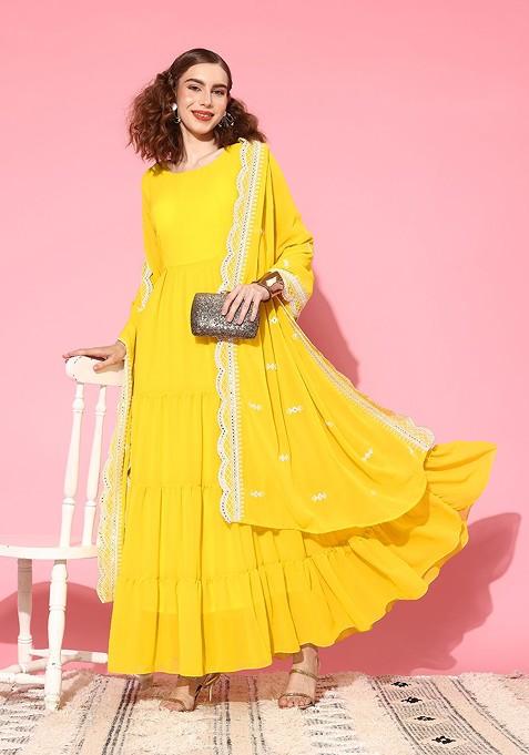 Yellow Solid Georgette Maxi Dress With Dupatta