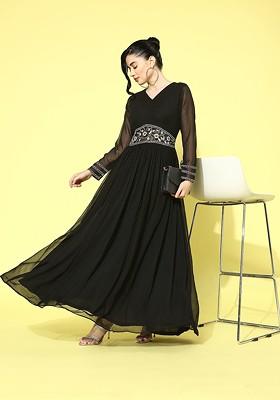 Black Floral Embroidered Georgette Fit And Flare Maxi Dress