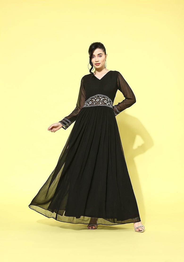 Black Floral Embroidered Georgette Fit And Flare Maxi Dress - Indya