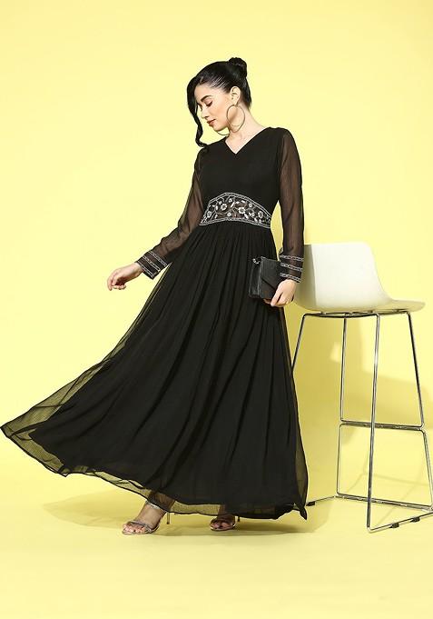 Black Floral Embroidered Georgette Fit And Flare Maxi Dress