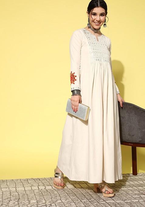 White Ethnic Motifs Embroidered Maxi Gown Dress