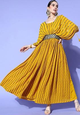 Yellow Sequin Embroidered A Line Dress