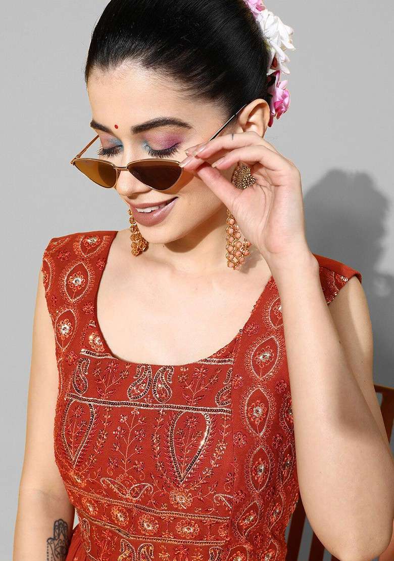 Orange Embroidered Sleeveless Jumpsuit - Indya