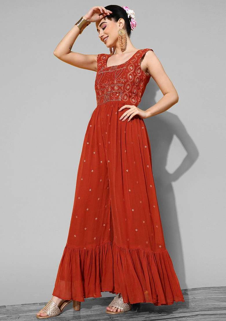 Orange Embroidered Sleeveless Jumpsuit - Indya