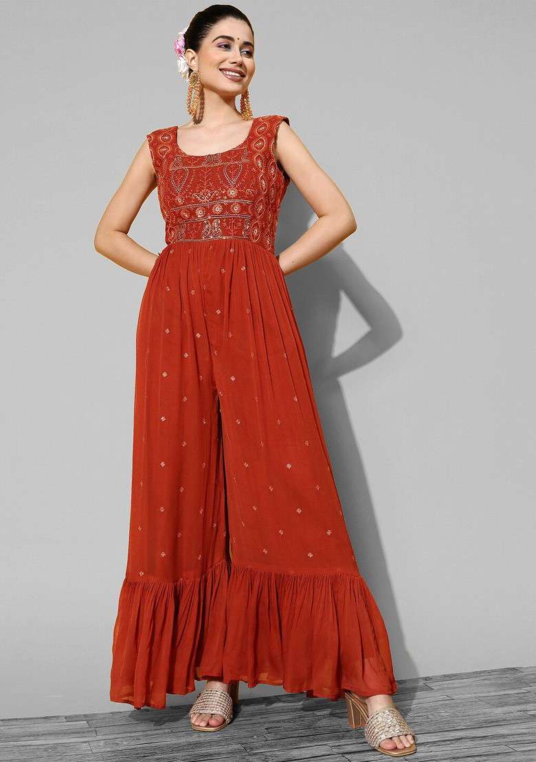 Orange Embroidered Sleeveless Jumpsuit - Indya