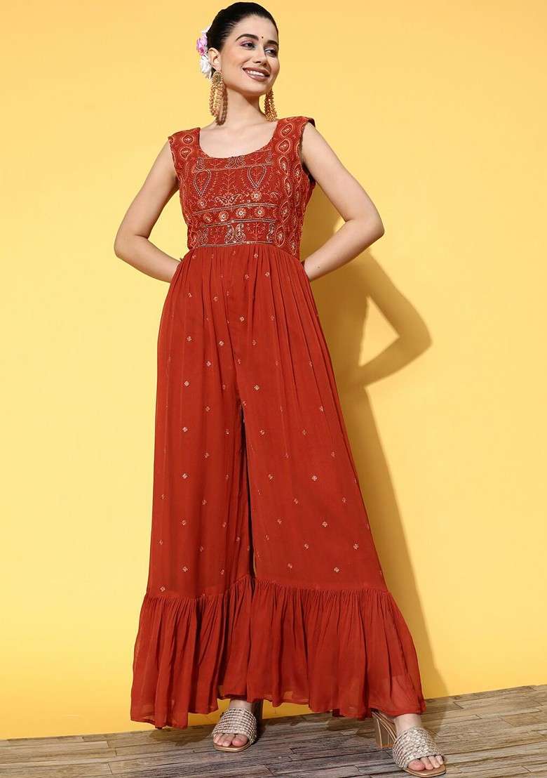 Orange Ethnic Motifs Embroidered Jumpsuit - Indya