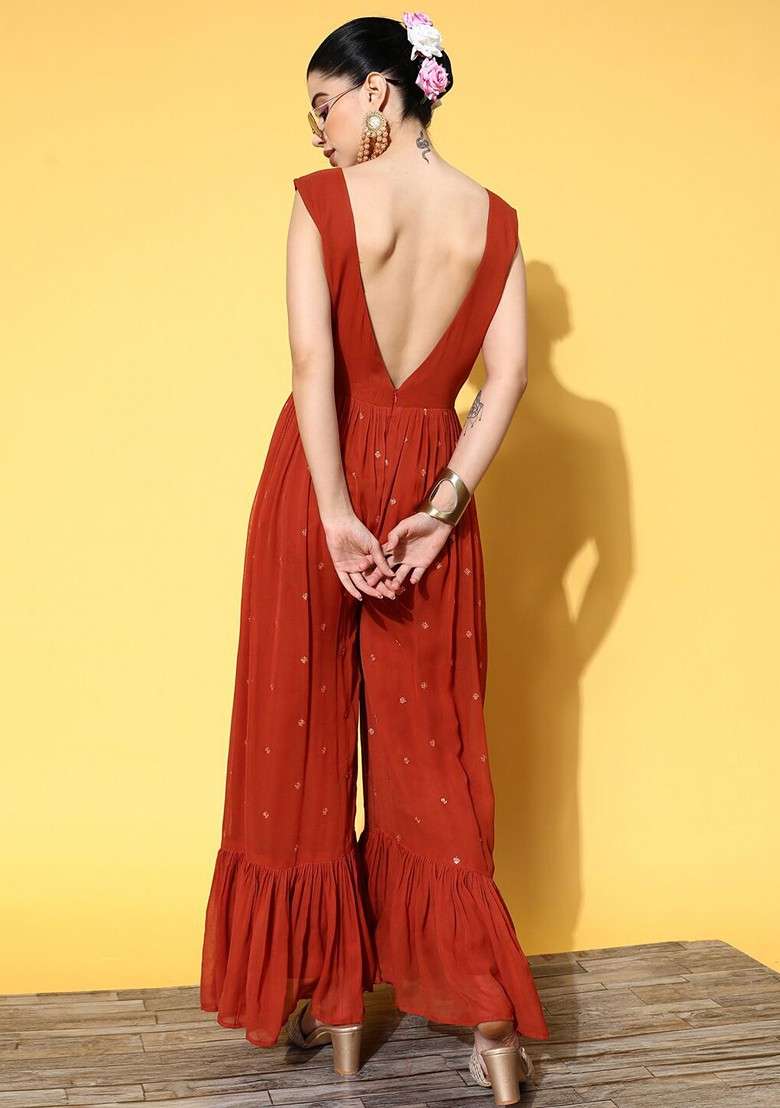 Orange Ethnic Motifs Embroidered Jumpsuit - Indya