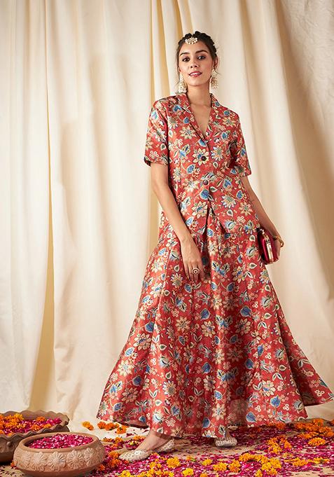 Orange Printed Poly Silk Skirt Set