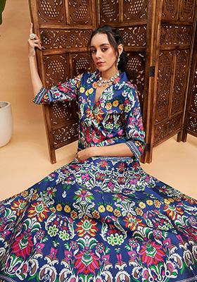 Navy Blue Printed Poly Silk Skirt Set