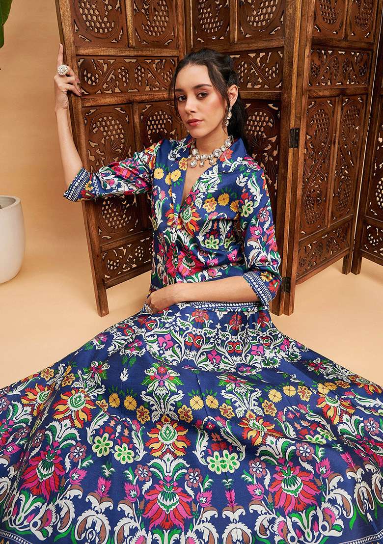 Navy Blue Printed Poly Silk Skirt Set - Indya