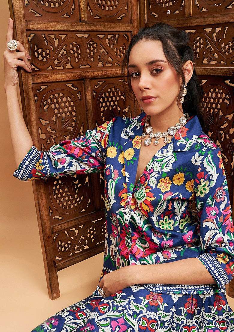 Navy Blue Printed Poly Silk Skirt Set - Indya